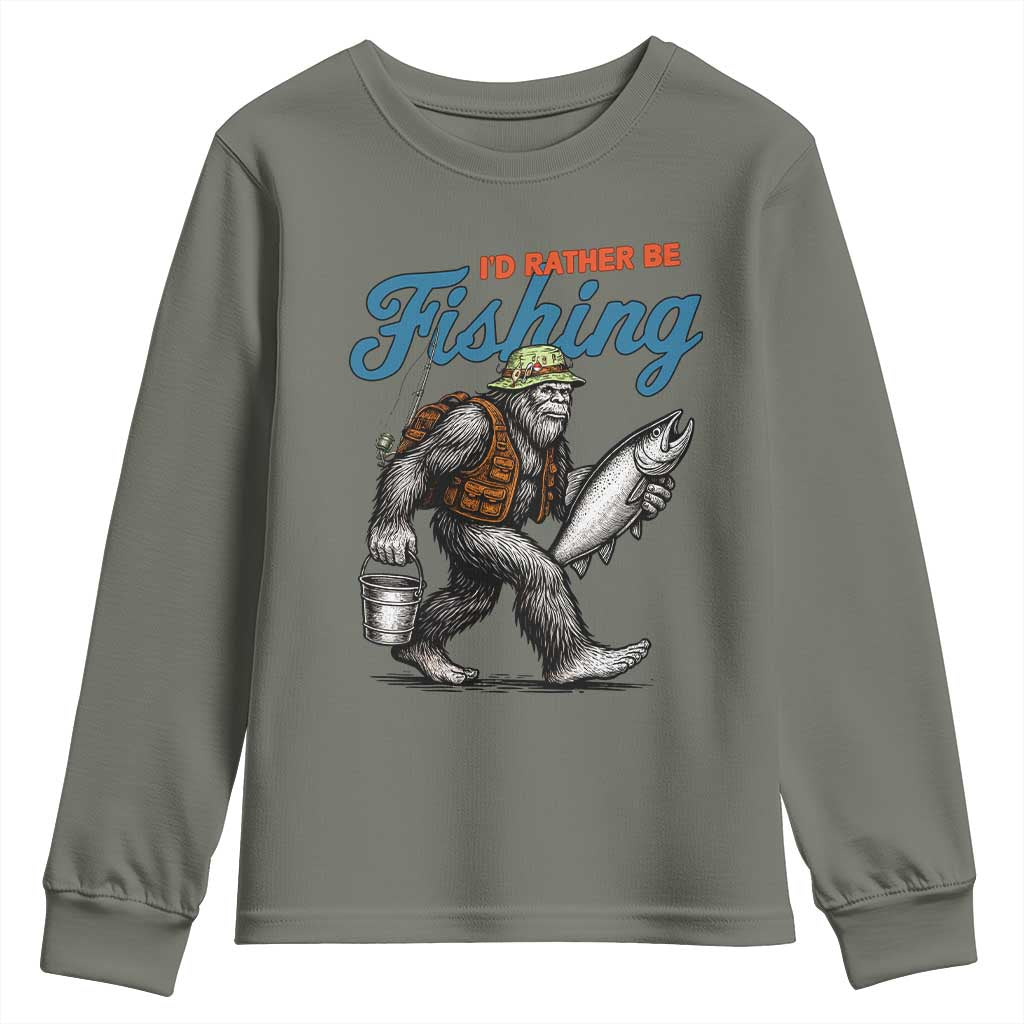 Id Rather Be Fishing Youth Sweatshirt Funny Bigfoot Fishing TS12 Military Green Print Your Wear