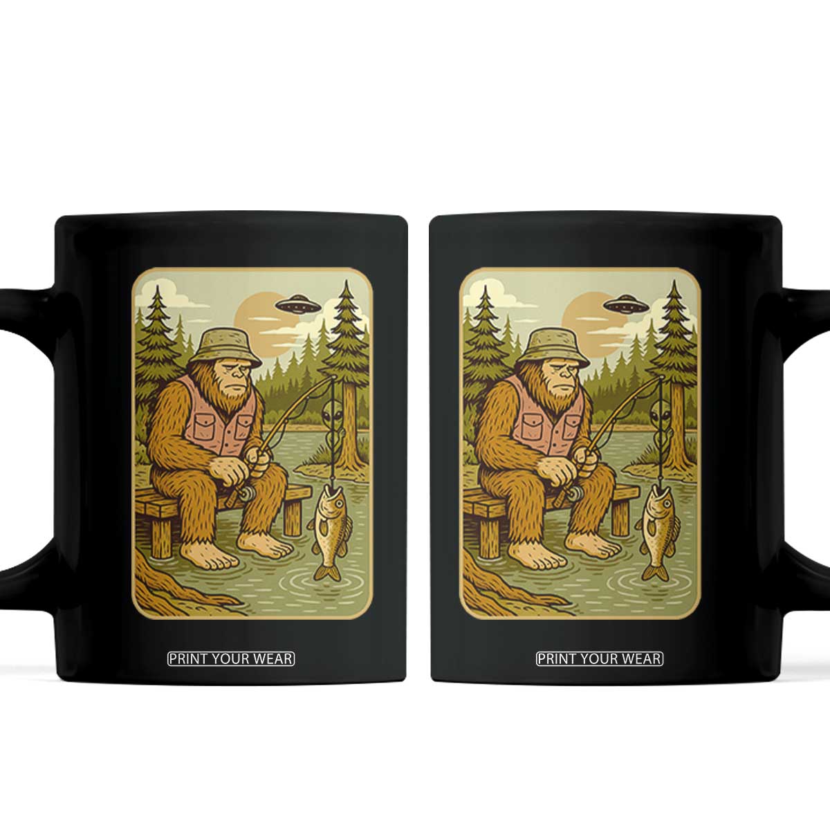 Funny Bigfoot Alien Coffee Mug Fishing Lover Gift TS12 Black Print Your Wear