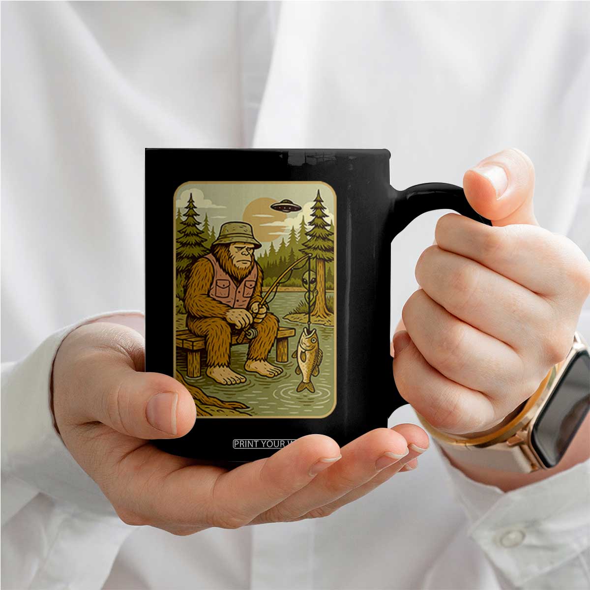 Funny Bigfoot Alien Coffee Mug Fishing Lover Gift TS12 Print Your Wear