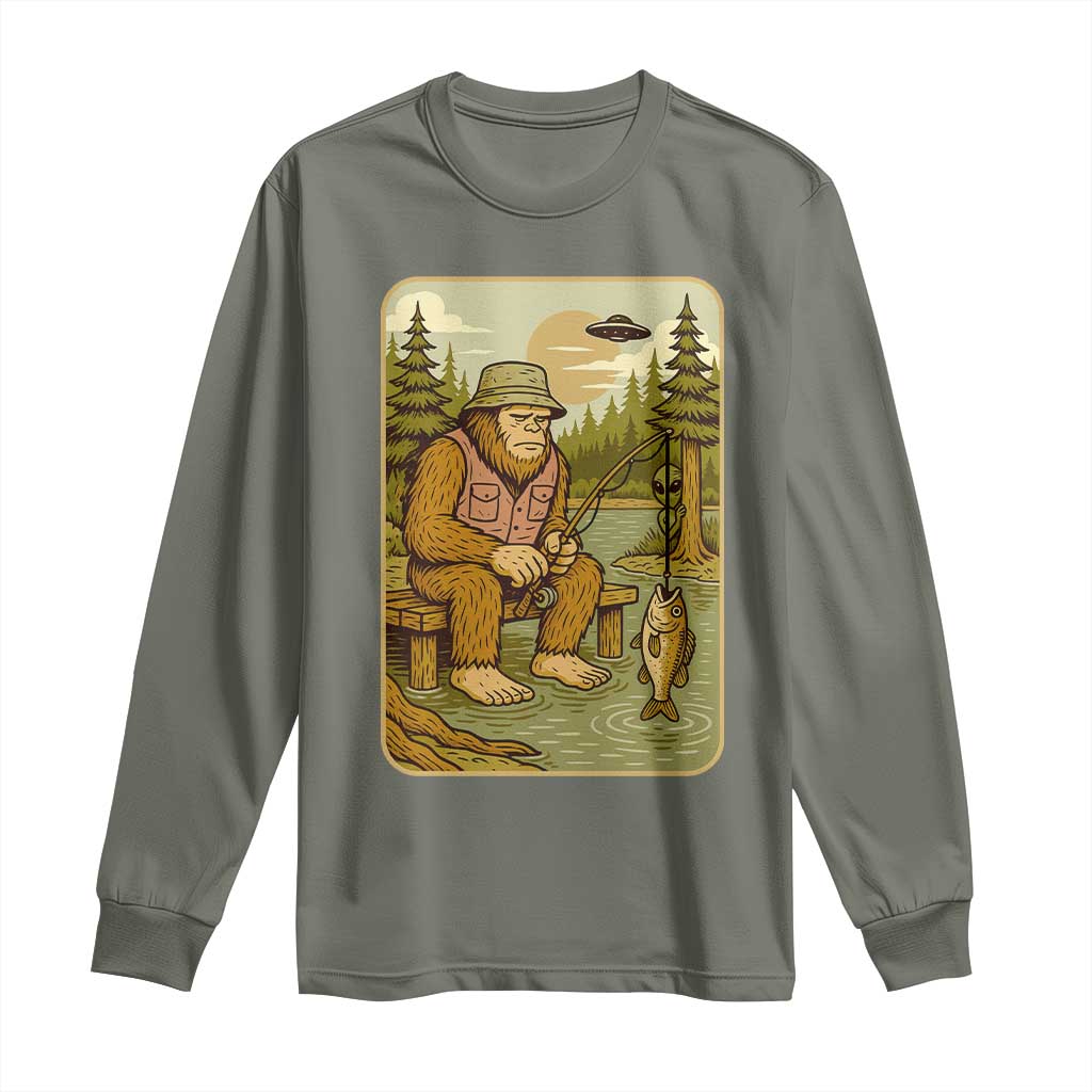 Funny Bigfoot Alien Long Sleeve Shirt Fishing Lover Gift TS12 Military Green Print Your Wear