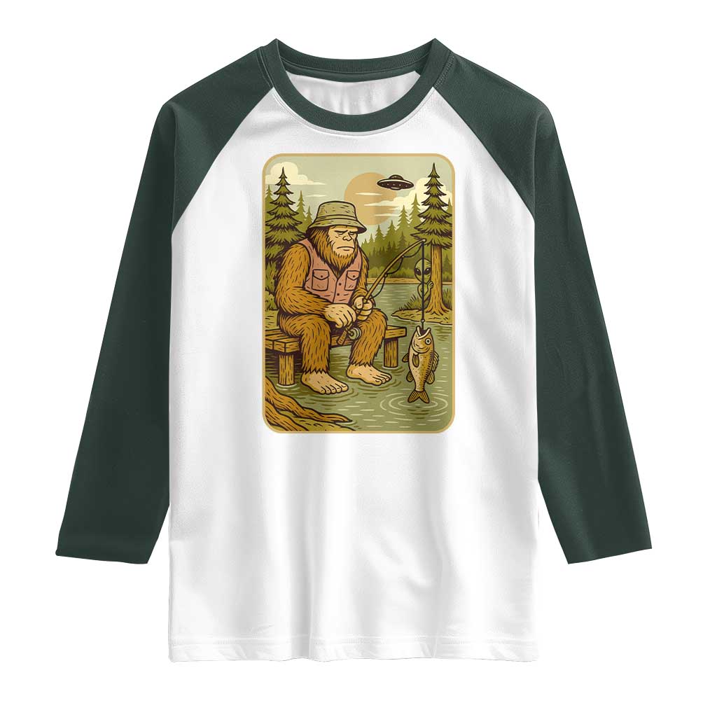Funny Bigfoot Alien Raglan Shirt Fishing Lover Gift TS12 White Dark Forest Green Print Your Wear