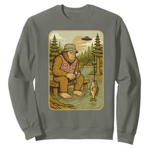 Funny Bigfoot Alien Sweatshirt Fishing Lover Gift TS12 Military Green Print Your Wear