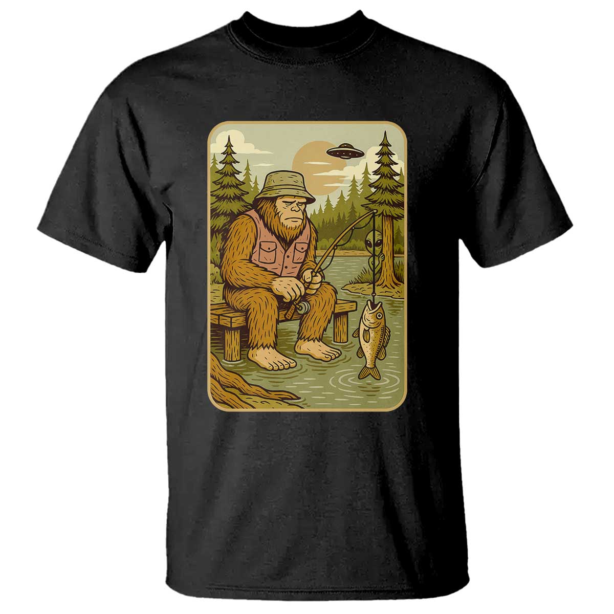 Funny Bigfoot Alien T Shirt Fishing Lover Gift TS12 Black Print Your Wear