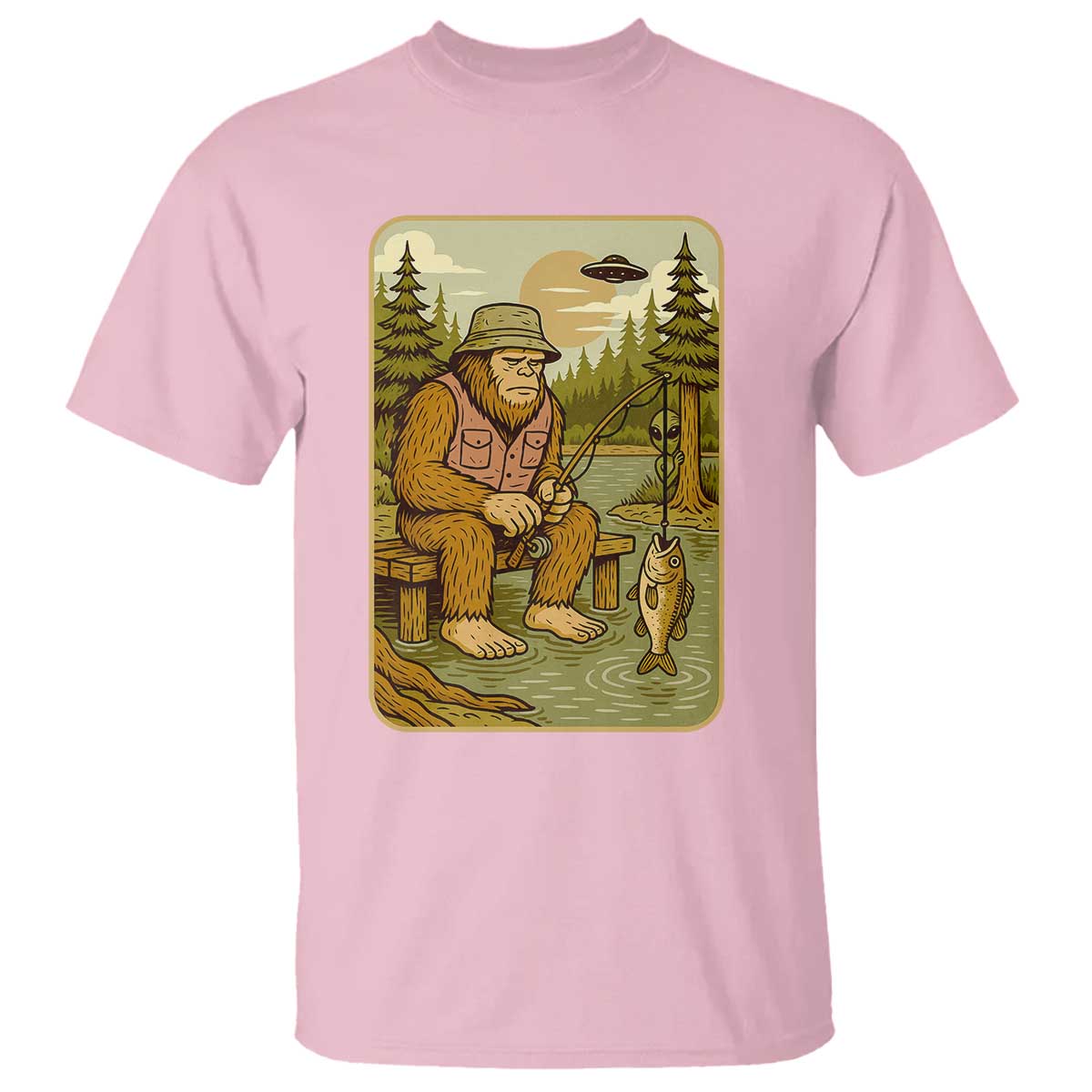Funny Bigfoot Alien T Shirt Fishing Lover Gift TS12 Light Pink Print Your Wear