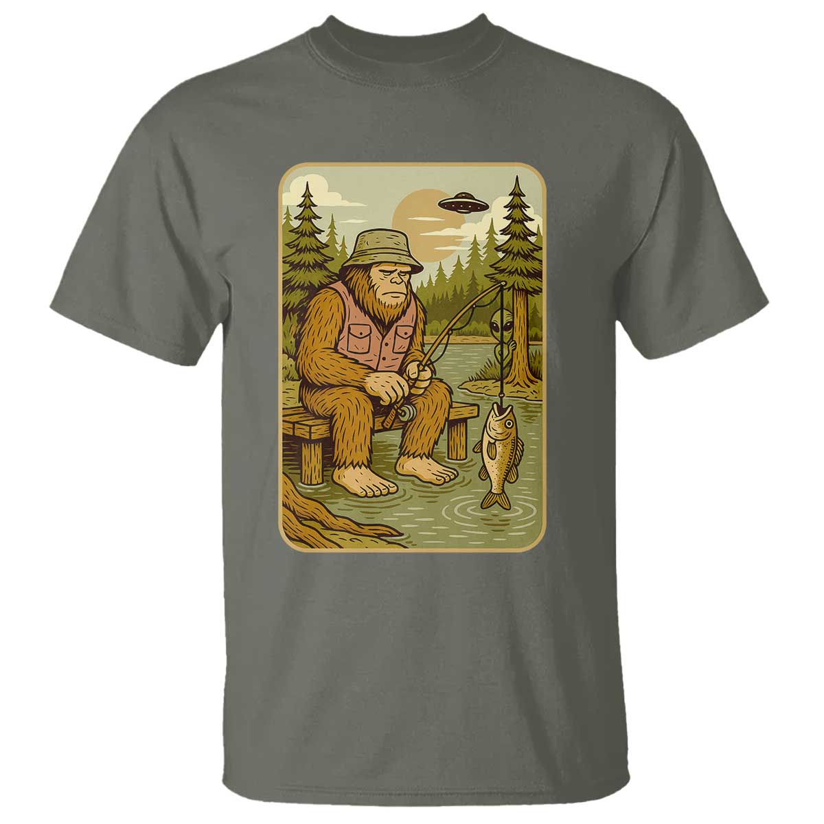 Funny Bigfoot Alien T Shirt Fishing Lover Gift TS12 Military Green Print Your Wear