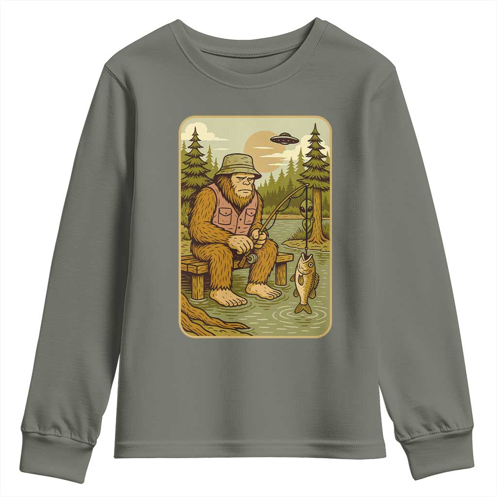 Funny Bigfoot Alien Youth Sweatshirt Fishing Lover Gift TS12 Military Green Print Your Wear