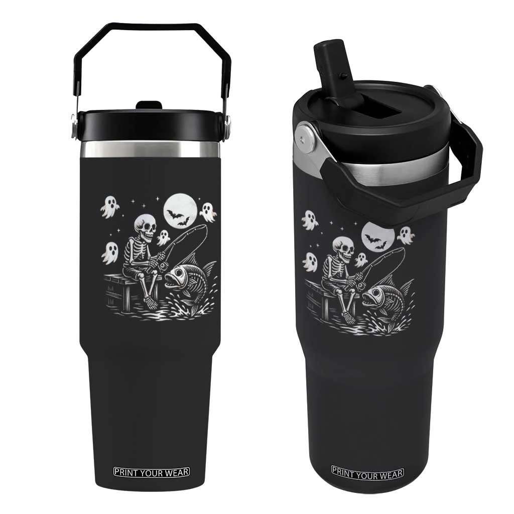 Halloween Skeleton Fishing Flip Straw Tumbler Funny Fisherman Gift TS12 One Size: 30 oz Black Print Your Wear