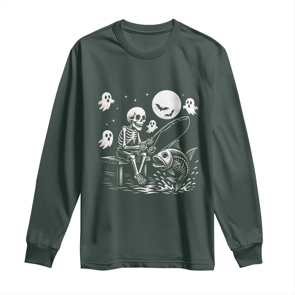 Halloween Skeleton Fishing Long Sleeve Shirt Funny Fisherman Gift TS12 Dark Forest Green Print Your Wear