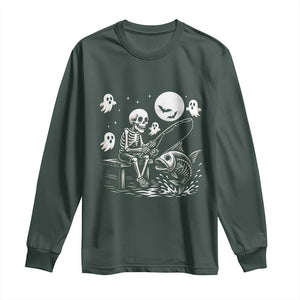 Halloween Skeleton Fishing Long Sleeve Shirt Funny Fisherman Gift TS12 Dark Forest Green Print Your Wear