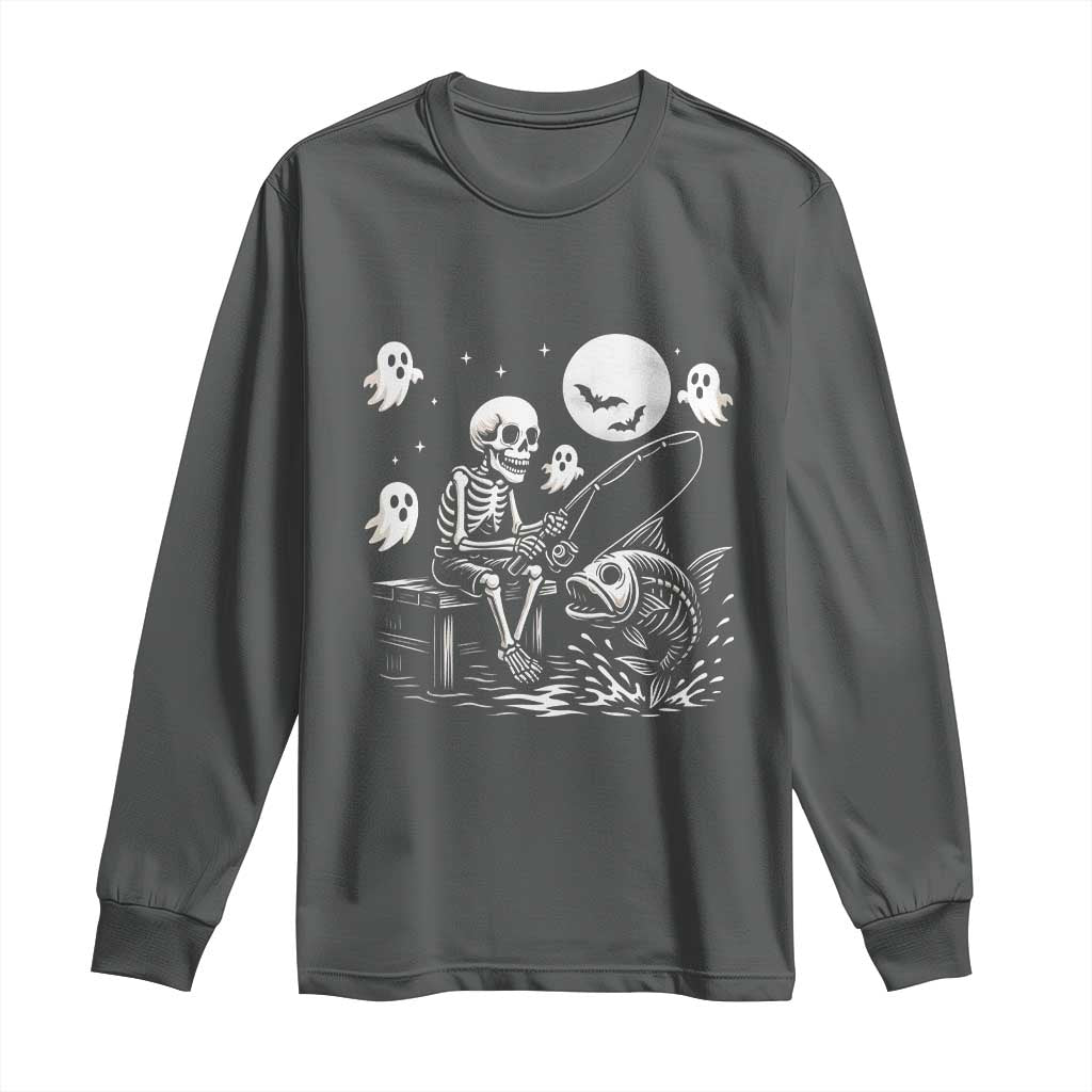 Halloween Skeleton Fishing Long Sleeve Shirt Funny Fisherman Gift TS12 Dark Heather Print Your Wear