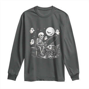 Halloween Skeleton Fishing Long Sleeve Shirt Funny Fisherman Gift TS12 Dark Heather Print Your Wear