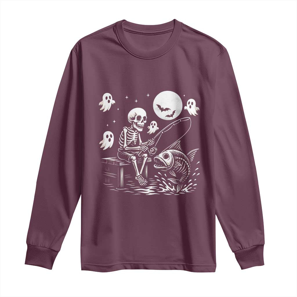 Halloween Skeleton Fishing Long Sleeve Shirt Funny Fisherman Gift TS12 Maroon Print Your Wear