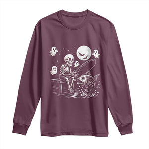 Halloween Skeleton Fishing Long Sleeve Shirt Funny Fisherman Gift TS12 Maroon Print Your Wear