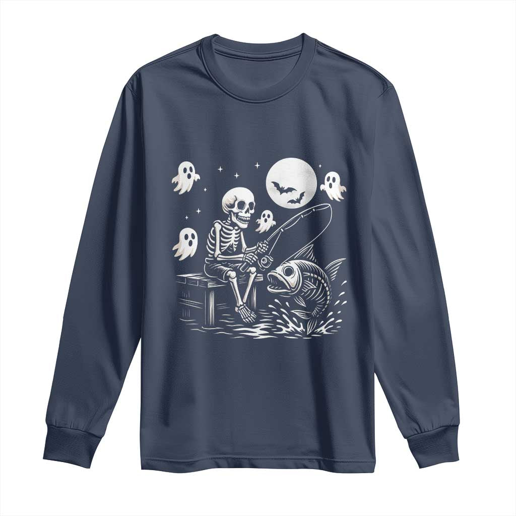 Halloween Skeleton Fishing Long Sleeve Shirt Funny Fisherman Gift TS12 Navy Print Your Wear