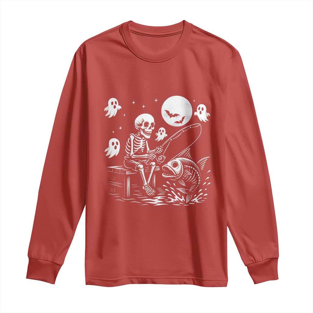 Halloween Skeleton Fishing Long Sleeve Shirt Funny Fisherman Gift TS12 Red Print Your Wear