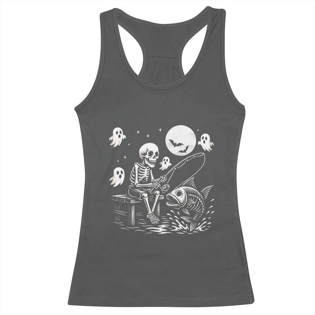 Halloween Skeleton Fishing Racerback Tank Top Funny Fisherman Gift TS12 Dark Heather Print Your Wear