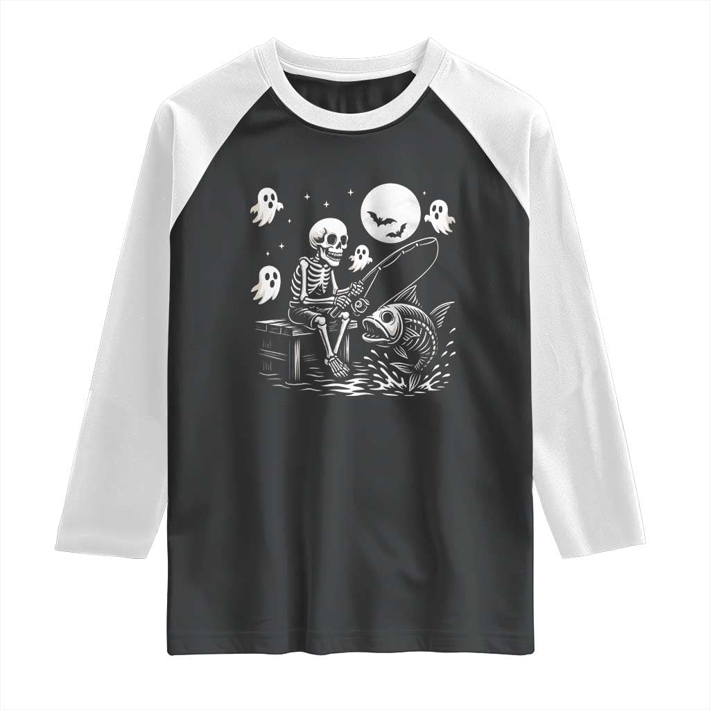 Halloween Skeleton Fishing Raglan Shirt Funny Fisherman Gift TS12 Black White Print Your Wear