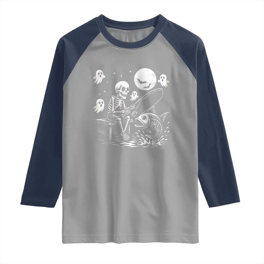 Halloween Skeleton Fishing Raglan Shirt Funny Fisherman Gift TS12 Sport Gray Navy Print Your Wear