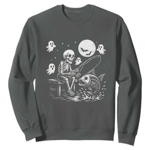 Halloween Skeleton Fishing Sweatshirt Funny Fisherman Gift TS12 Dark Heather Print Your Wear