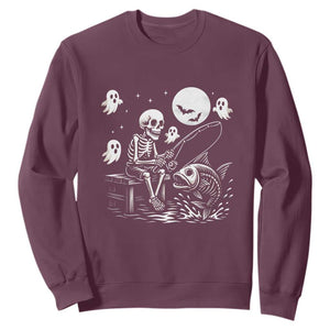 Halloween Skeleton Fishing Sweatshirt Funny Fisherman Gift TS12 Maroon Print Your Wear