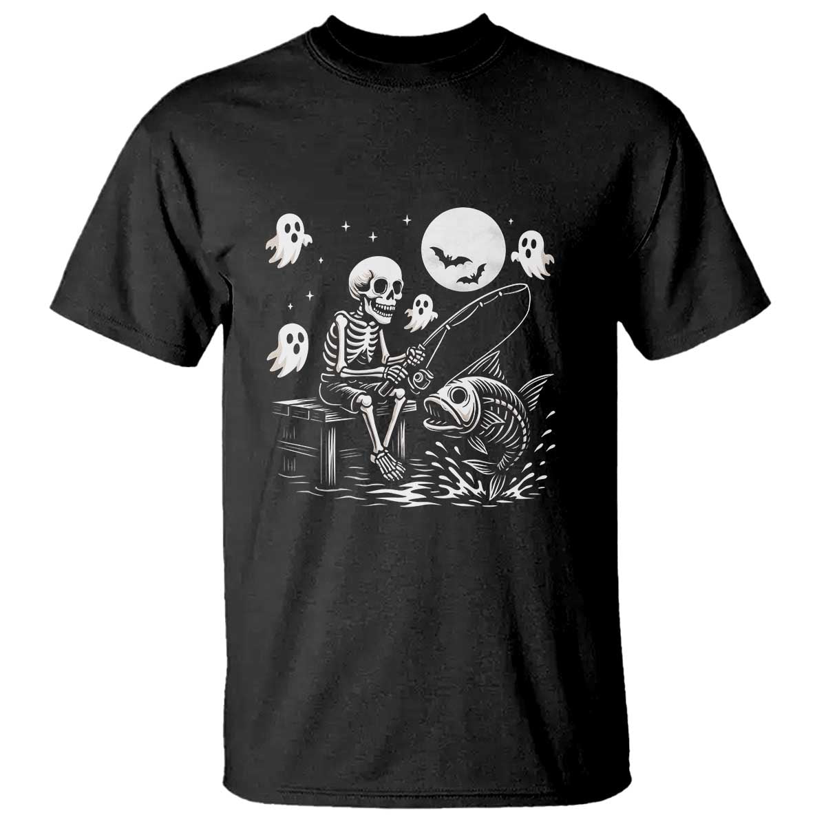 Halloween Skeleton Fishing T Shirt Funny Fisherman Gift TS12 Black Print Your Wear