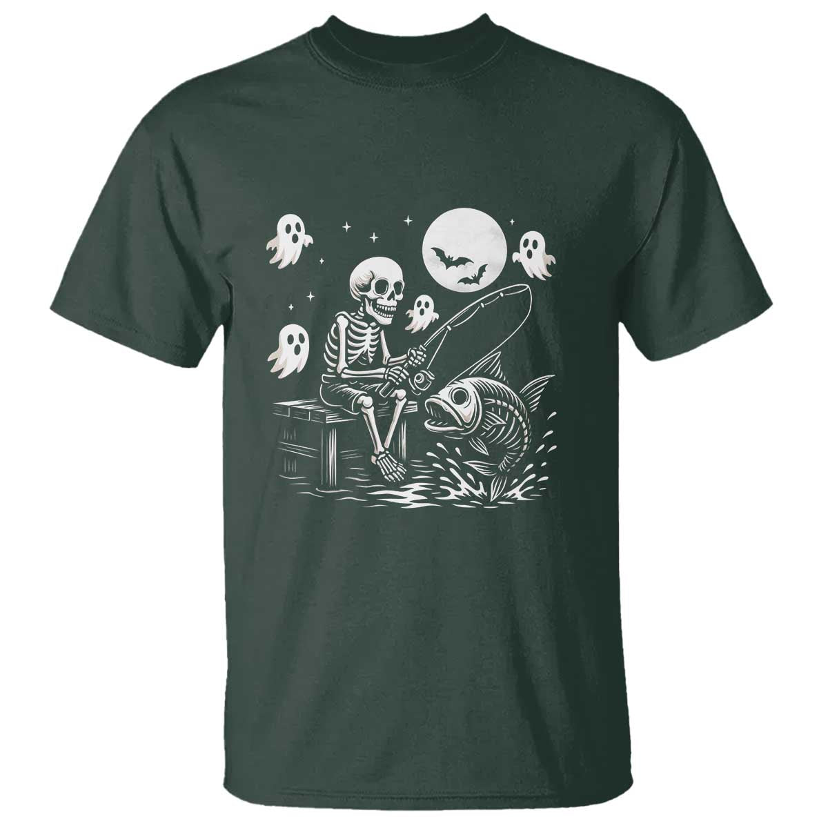 Halloween Skeleton Fishing T Shirt Funny Fisherman Gift TS12 Dark Forest Green Print Your Wear