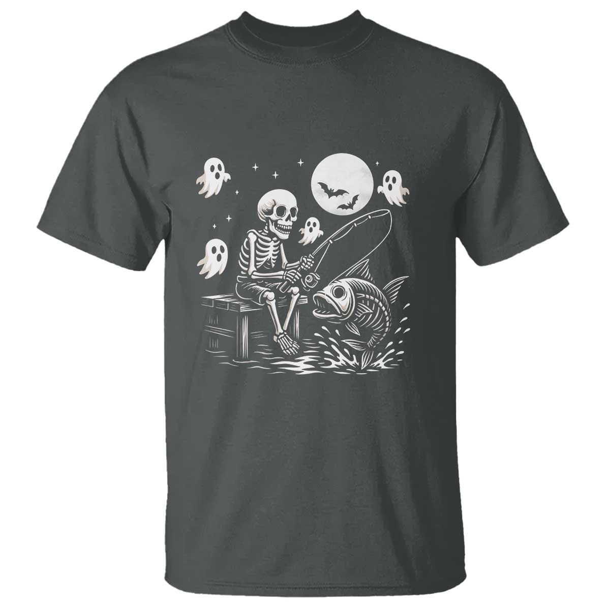 Halloween Skeleton Fishing T Shirt Funny Fisherman Gift TS12 Dark Heather Print Your Wear