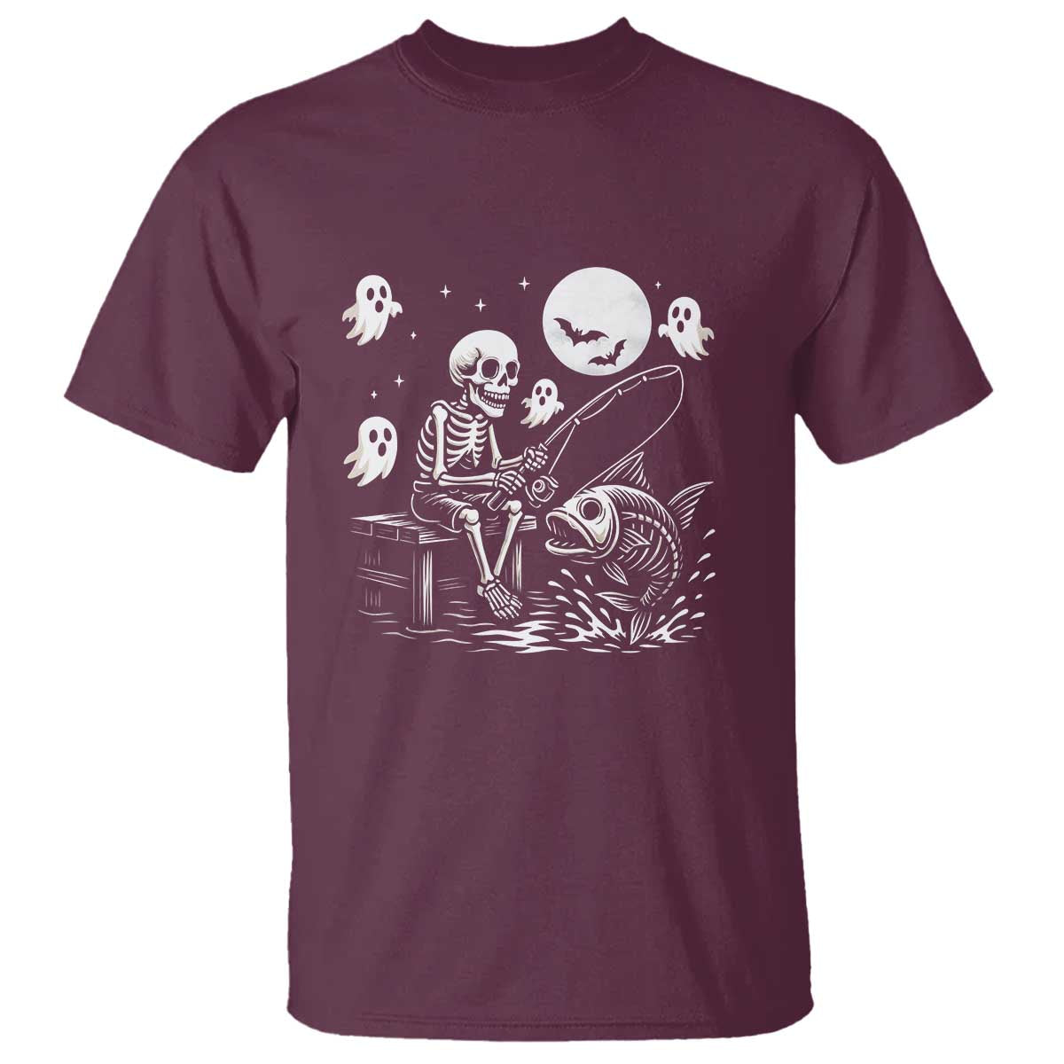 Halloween Skeleton Fishing T Shirt Funny Fisherman Gift TS12 Maroon Print Your Wear