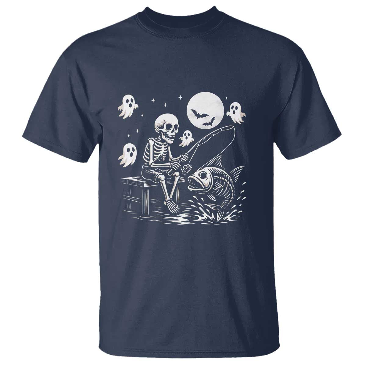 Halloween Skeleton Fishing T Shirt Funny Fisherman Gift TS12 Navy Print Your Wear