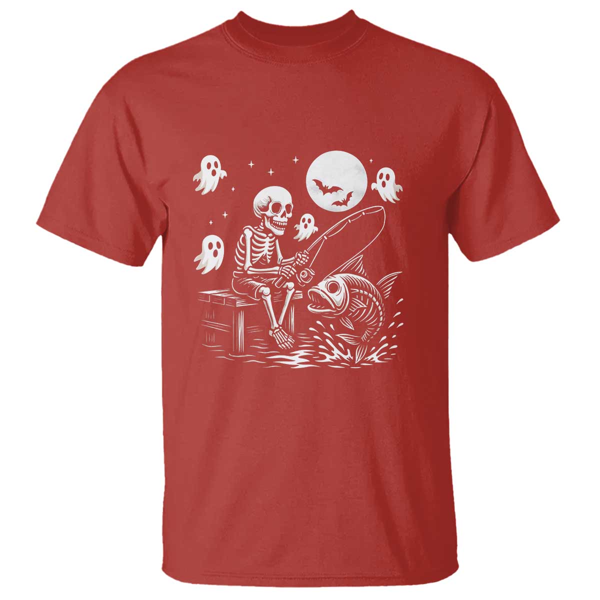 Halloween Skeleton Fishing T Shirt Funny Fisherman Gift TS12 Red Print Your Wear