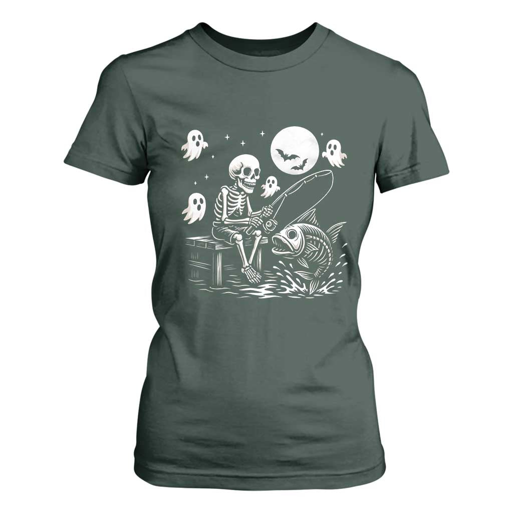 Halloween Skeleton Fishing T Shirt For Women Funny Fisherman Gift TS12 Dark Forest Green Print Your Wear