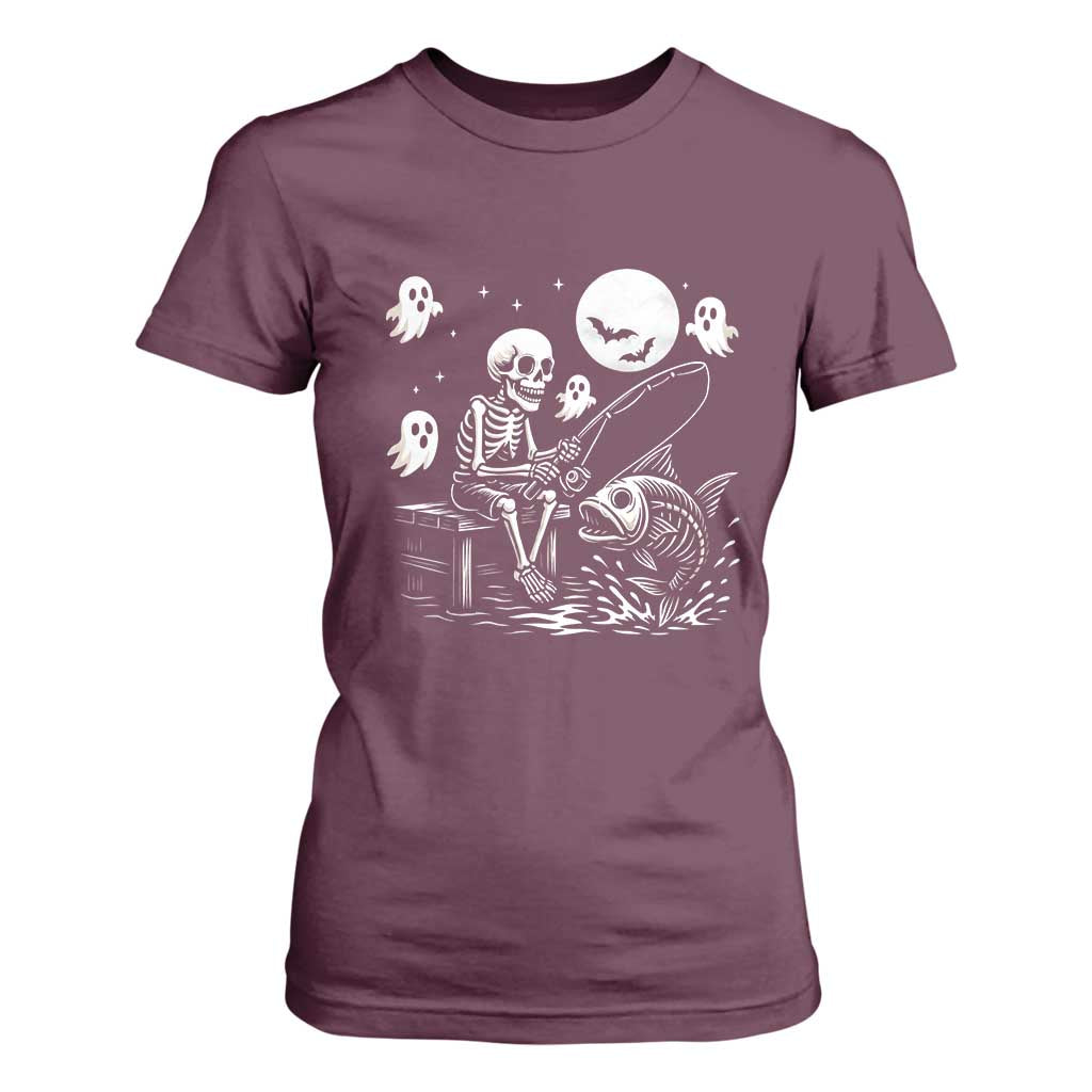 Halloween Skeleton Fishing T Shirt For Women Funny Fisherman Gift TS12 Maroon Print Your Wear
