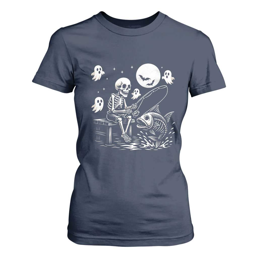 Halloween Skeleton Fishing T Shirt For Women Funny Fisherman Gift TS12 Navy Print Your Wear