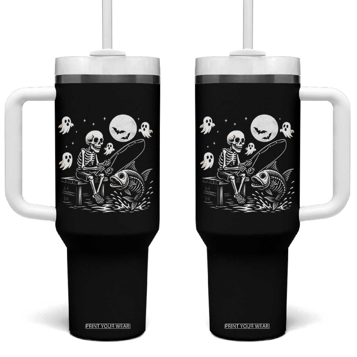 Halloween Skeleton Fishing Tumbler With Handle Funny Fisherman Gift TS12 One Size: 40 oz Black Print Your Wear