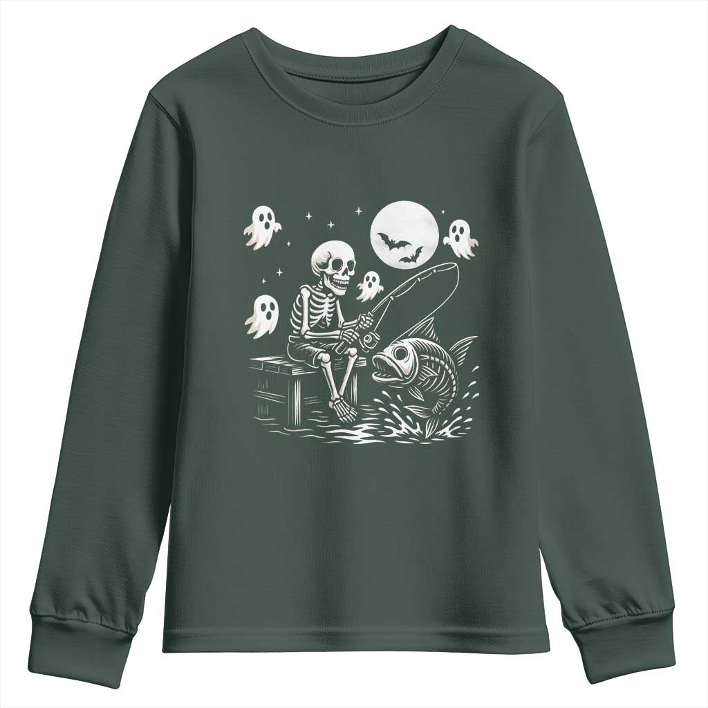 Halloween Skeleton Fishing Youth Sweatshirt Funny Fisherman Gift TS12 Dark Forest Green Print Your Wear