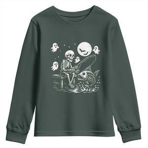 Halloween Skeleton Fishing Youth Sweatshirt Funny Fisherman Gift TS12 Dark Forest Green Print Your Wear