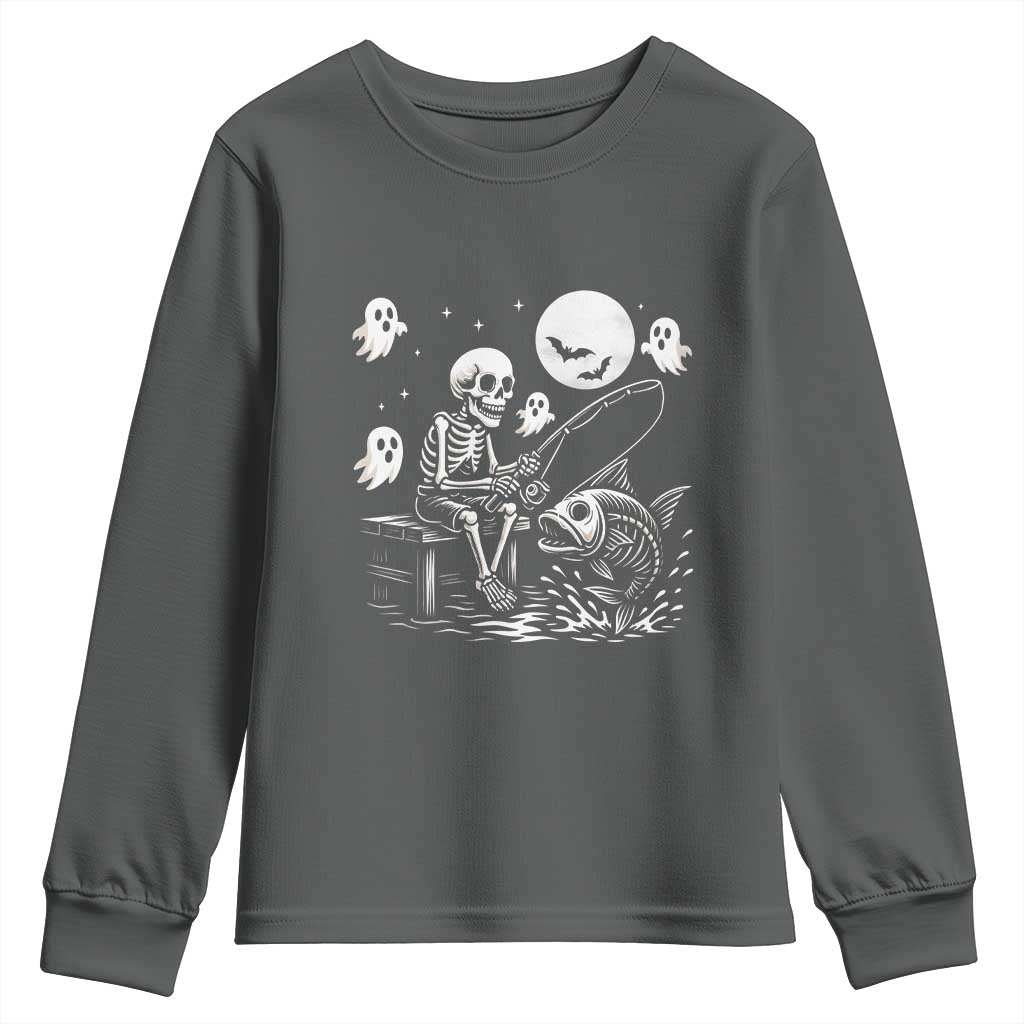 Halloween Skeleton Fishing Youth Sweatshirt Funny Fisherman Gift TS12 Dark Heather Print Your Wear