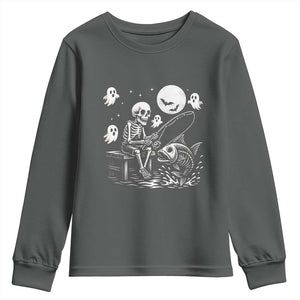 Halloween Skeleton Fishing Youth Sweatshirt Funny Fisherman Gift TS12 Dark Heather Print Your Wear