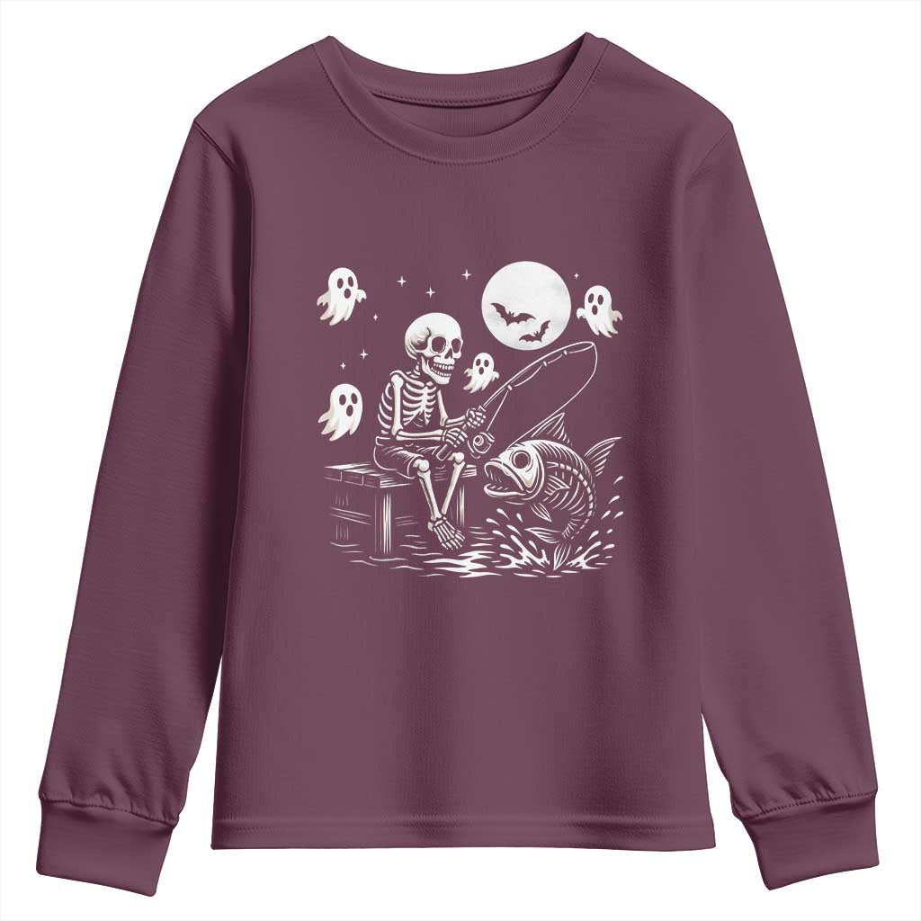 Halloween Skeleton Fishing Youth Sweatshirt Funny Fisherman Gift TS12 Maroon Print Your Wear