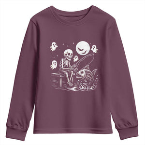Halloween Skeleton Fishing Youth Sweatshirt Funny Fisherman Gift TS12 Maroon Print Your Wear