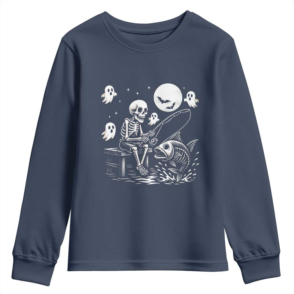 Halloween Skeleton Fishing Youth Sweatshirt Funny Fisherman Gift TS12 Navy Print Your Wear