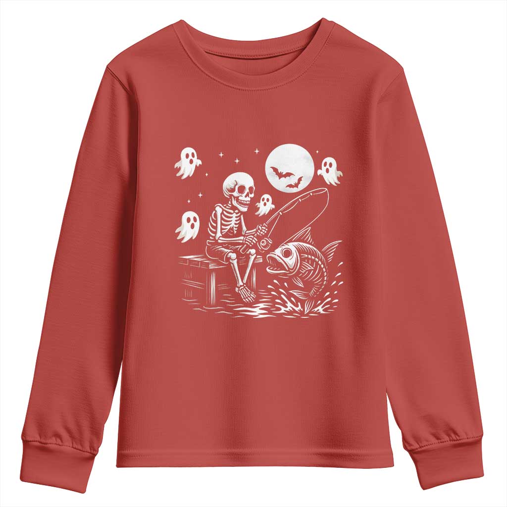 Halloween Skeleton Fishing Youth Sweatshirt Funny Fisherman Gift TS12 Red Print Your Wear
