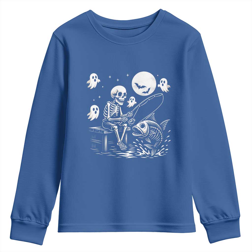 Halloween Skeleton Fishing Youth Sweatshirt Funny Fisherman Gift TS12 Royal Blue Print Your Wear