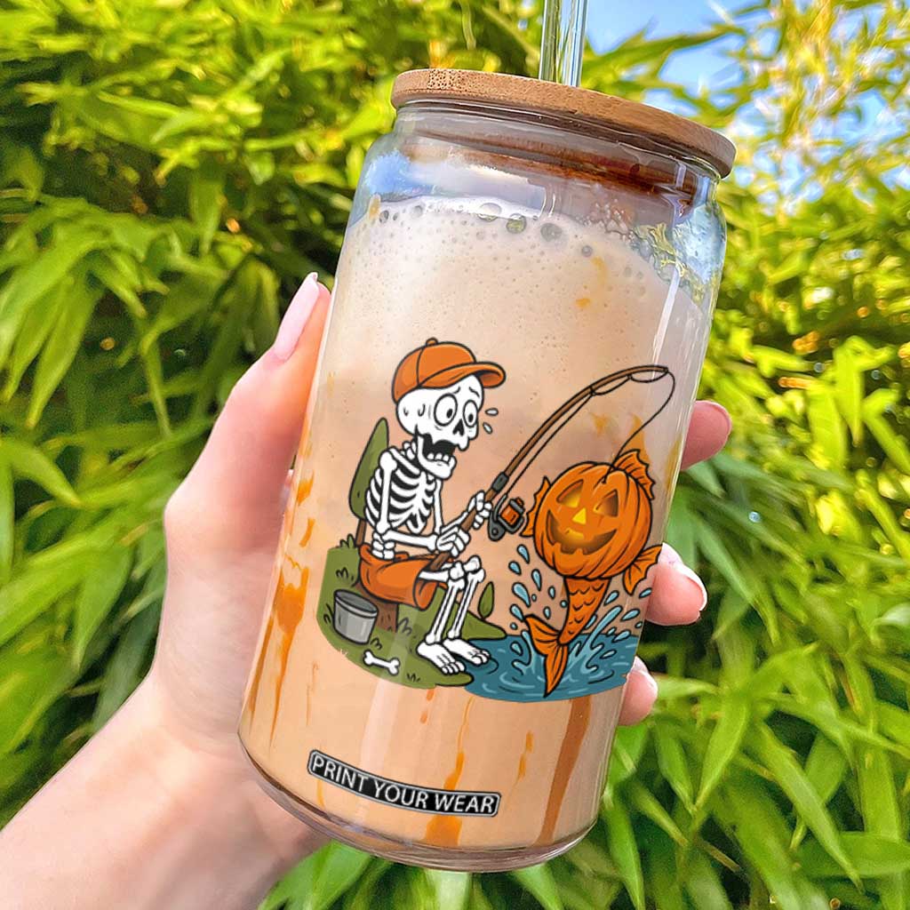 Halloween Fishing Lover Glass Can Skeleton Humor Gift TS12 White Print Your Wear