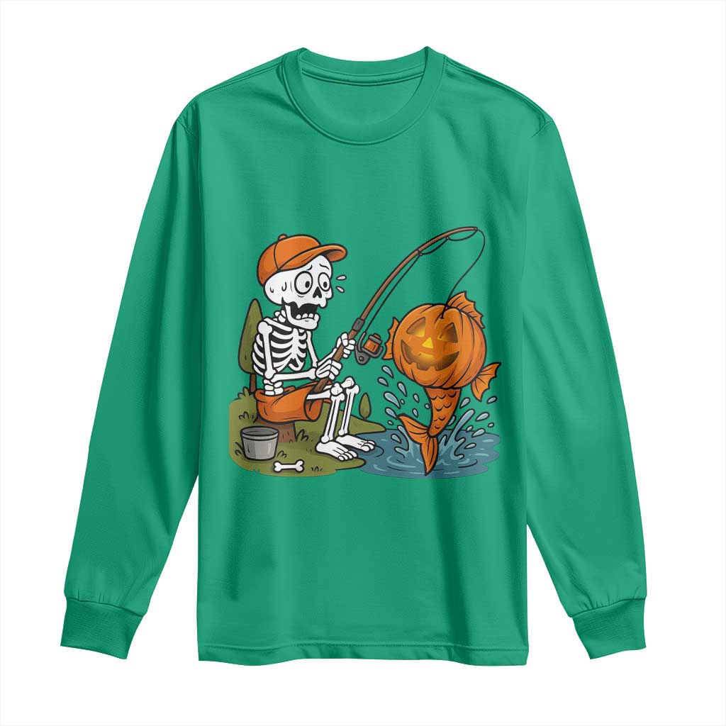 Halloween Fishing Lover Long Sleeve Shirt Skeleton Humor Gift TS12 Irish Green Print Your Wear