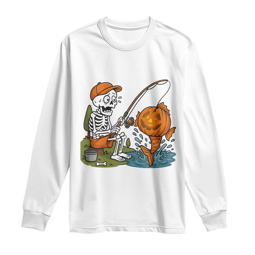 Halloween Fishing Lover Long Sleeve Shirt Skeleton Humor Gift TS12 White Print Your Wear