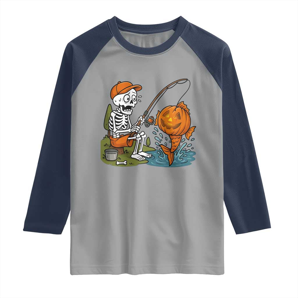 Halloween Fishing Lover Raglan Shirt Skeleton Humor Gift TS12 Sport Gray Navy Print Your Wear
