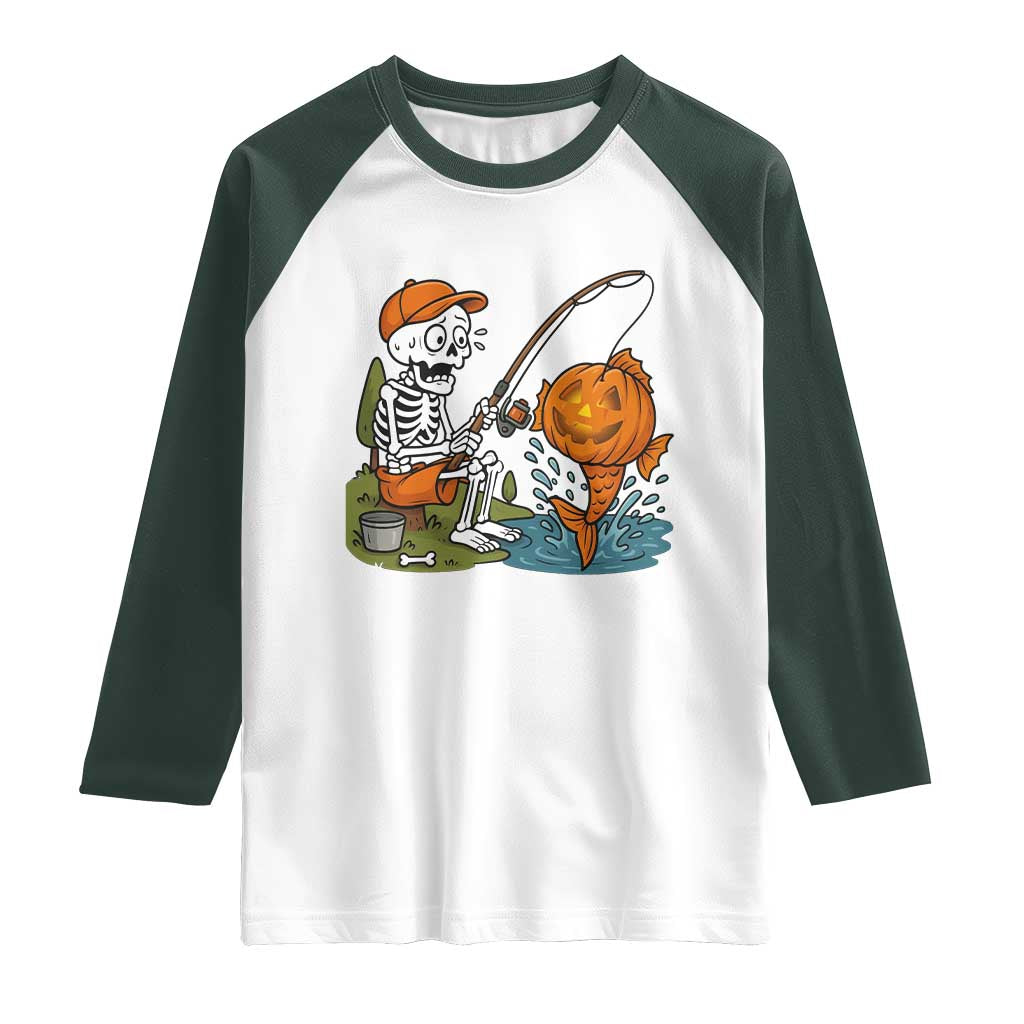 Halloween Fishing Lover Raglan Shirt Skeleton Humor Gift TS12 White Dark Forest Green Print Your Wear