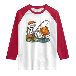Halloween Fishing Lover Raglan Shirt Skeleton Humor Gift TS12 White Red Print Your Wear