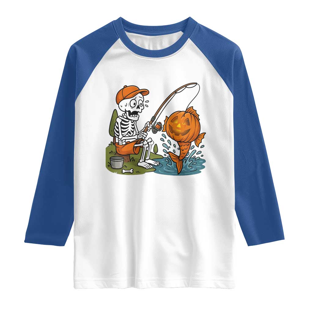 Halloween Fishing Lover Raglan Shirt Skeleton Humor Gift TS12 White Royal Print Your Wear